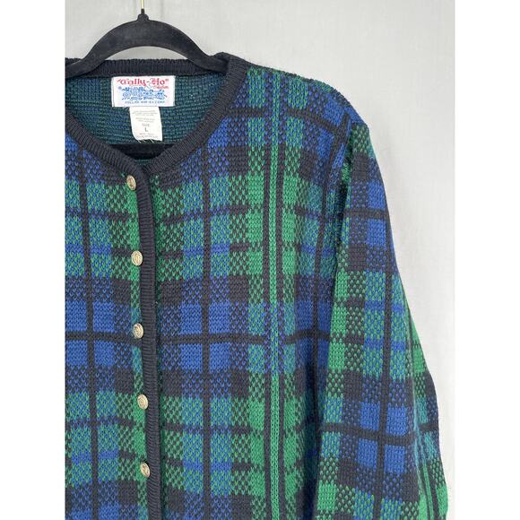 90s Vintage Cardigan Sweater Womens Large Blue Tartan Plaid Green Gold Buttons - Picture 4 of 9